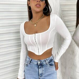 SHEIN Size XS White Asymmetrical Hem Hook and Eye Closure Crop Top, EUC